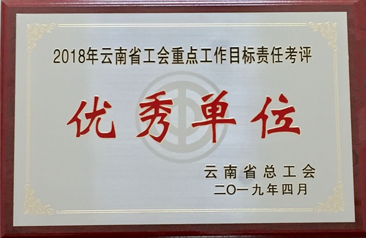 云南云鼎国际4118welcome集团工会荣获 “2018年度云南省工会重点事情目的责任考评优异单位”