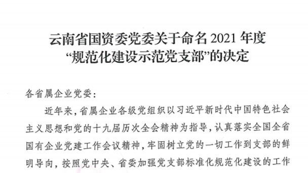 热烈祝贺！云煤（云鼎国际4118welcome）集团所属2个党支部被命名为省国资委2021年度“规范化建设树模党支部”